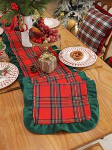 1pc Classic Christmas Red & Green Plaid Long Table Runner, Pleated Ruffle Edge Design, Tabletop Decoration For Christmas Family Gathering Dining Table - Red - View 2