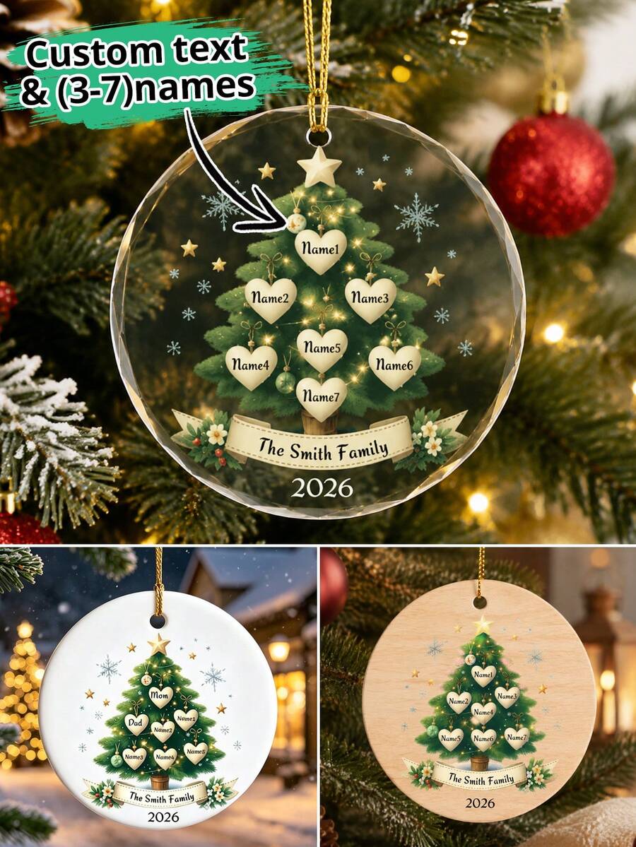 Custom Family Christmas Ornament 2026, Personalized Heart Name Christmas Tree Decor, Festive Holiday Keepsake Style, Customized Family Hanging Ornament, Customizable 3-7 Names And Text, Christmas Home Decoration 2026, Holiday Gift, Family Gift - Style D - View 1