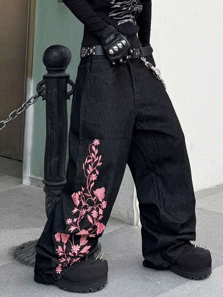 Hearty Haven 1pc Men's Fashion Streetwear Embroidered Wide Leg Loose Comfortable All-Season Versatile Denim Jeans - No Belt & Accessories - Black - View 4