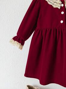 1pc Burgundy Velvet Lace Collar Long Sleeve Dress For Baby Girls, Front Button Vintage Palace Style High Waist A-Line Dress - Burgundy - View 7