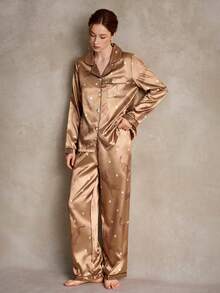 EverLounge Men's And Women's Satin Printed Pajama & Loungewear Sets – Elegant, Premium "Old Money" Style For Couples - brown - View 10