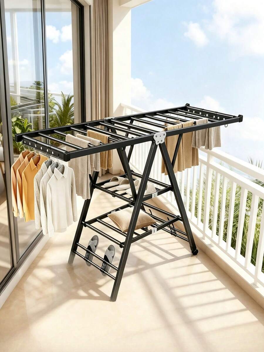 Foldable Wing‑Shaped Clothes Drying Rack With Multi‑Rod Drying Positions, Large‑Capacity For Drying Clothes And Bedding, Stable Support Frame, Foldable For Storage, Suitable For Home Balconies And Indoor Use - A - View 1