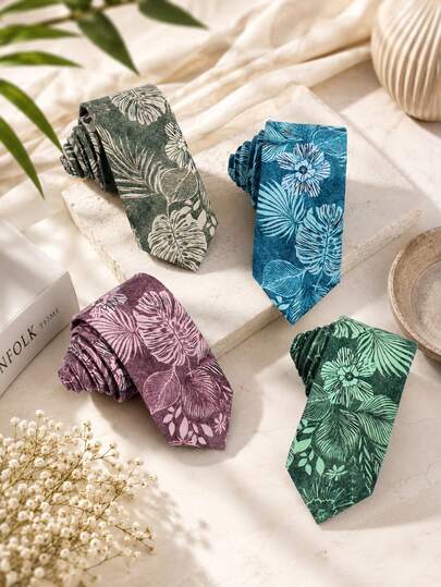 1 pieza Corbata de hombre de moda casual versátil con exquisito patrón de hojas y flores, adecuada para compras, fiestas y uso diario