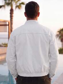 Men's Pure White Stand Collar Bomber Jacket, Elastic Hem Zipper Pockets Casual Short Jacket - White - View 2