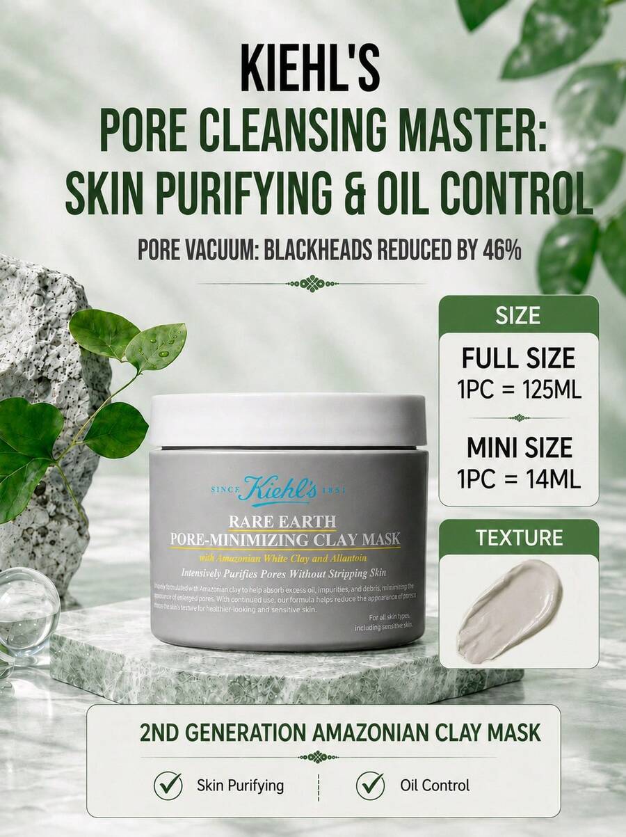 Kiehl's Rare Earth Deep Pore Cleansing Mask, 125ml Full Size, 14ml Sample, Deep Cleans Pores, Oil Control, Suitable For All Skin Types