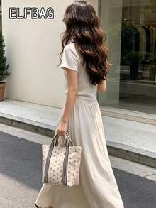 1件極簡時尚條紋托特包，清新花卉圖案帆布包，日系休閒拼色學生包，中性手提收納購物袋，適合學生、媽媽購物、旅行，可放置便當盒、雨傘及其他日常必需品，男女皆宜 - 彩色 - 查看 9