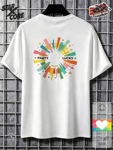 Party Lucky Colorful Wheel Magic Graphic Energetic Summer Fitted Cotton Short Sleeve Tee, Men Casual Streetwear Daily Wear - White - View 2