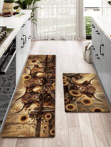 1/2pcs Autumn Floor Mat, Vintage Bull & Sunflower Pattern Diatomaceous Earth Mat, Super Absorbent, Non-Slip, Perfect For Bathroom, Kitchen And Dining Room, Quick Drying, Ideal Home Decor And Bathroom Mat Gift, Autumn Gift! - Multicolor - View 2