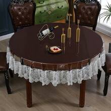 1pc Transparent PVC Round Tablecloth With White Lace Trim, Waterproof Oil-Proof Clear Table Cover, Decorative Table Mat For Home Kitchen Dining Table - Beige - View 3