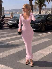 ALA Women's Autumn Light Nude Pink Deep V-Neck Hollow Out Frog Button Long Sleeve Knit Dress, Street Style Dating Vacation Slimming Elastic Fall - Pink - View 7