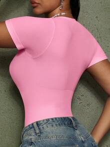 1pc Women's Solid Color Shaping Jumpsuit, Tummy Control, Waist Shaping, Body Sculpting - Baby Pink - View 11