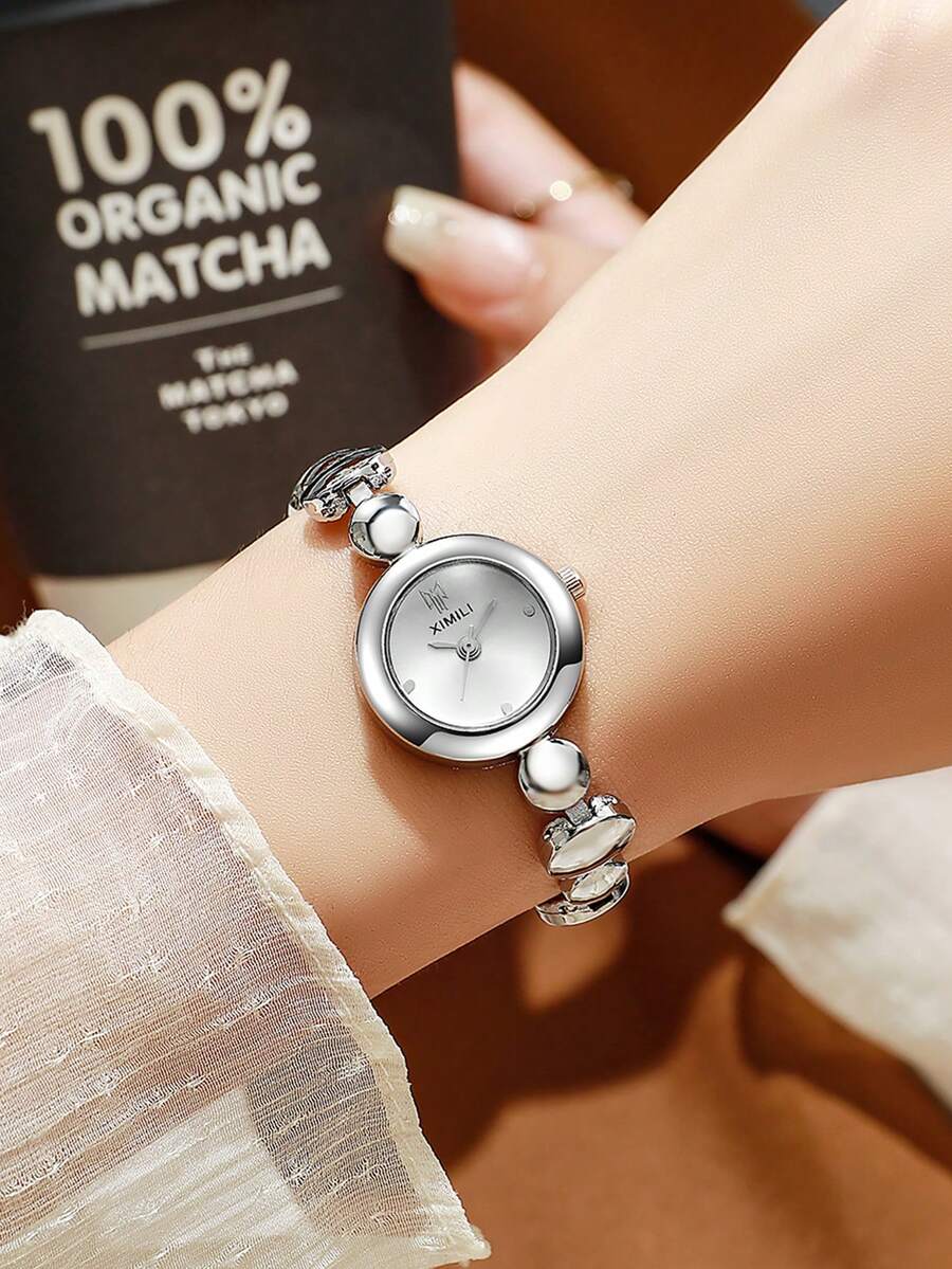 1件/套復古圓珠手鍊女款手錶，極簡時尚小錶盤石英腕錶，優雅百搭裝飾配件，節日禮物、生日禮物、聖誕禮物 - 銀色 - 查看 1