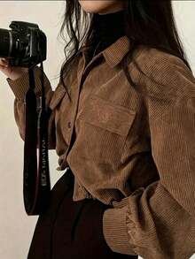 Women's Plus Size Ribbed Solid Color Minimalist Casual Long Sleeve Jacket Brown - Brown - View 4
