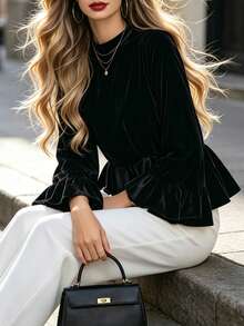 DONICY Women's Black Velvet Round Neck Flare Sleeve Ruffle Hem Blouse, Loose Draped Long Sleeve Top For Fall Daily Wear - Black - View 6