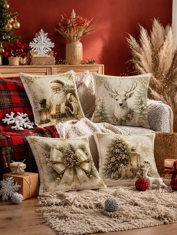 4pcs Vintage Gold Lace Christmas Santa Claus Reindeer Pine Tree Print Pillow Covers 40*40cm/45*45cm/50*50cm Christmas Decor Single-Sided Printing Made Of Polyester Material Merry Christmas Reindeer Pine Cone Bow Christmas Theme Decorative Sofa Cushion Covers Without Pillow Insert Room Decor, Home Decor, Bedroom Decor