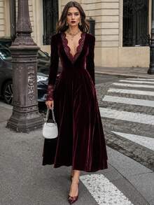 Velvet & Lace Patchwork V-Neck Women's Dress, Elegant Vintage Long Sleeve Dress For Autumn - Burgundy - View 2