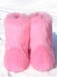 Neutral Solid Color Faux Fur And Ankle Snow Boots, Y2K Warm Party Boots, Suitable For Daily Holiday Wear, Christmas And Halloween Gifts - Pink - View 4