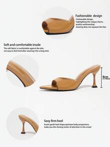 Women's Brown Glossy Pointed Toe Kitten Heel Mule Sandals, Slip-On Open Toe Evening Party Slippers - Brown - View 7