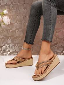 Women Double‑Buckle Rhinestone Wedge Slide Sandals, Open‑Toe Slip‑On Woven Platform Summer Slippers - Brown - View 2