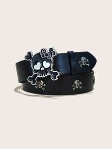 1pc American Retro Y2K Skull Cross Rivet Wide Belt Unisex Personalized Jeans Leather Belt - Skull Series - View 5