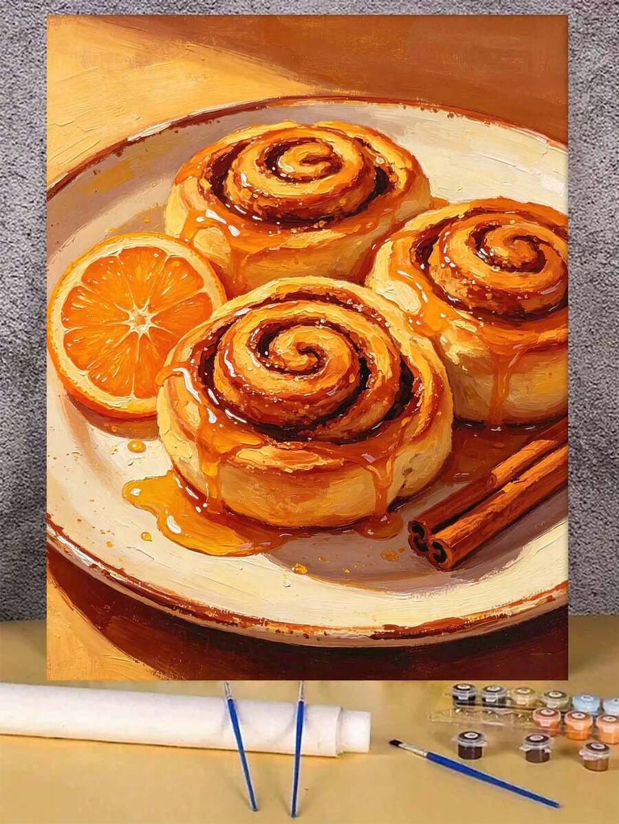 1pc Oil Painting By Numbers Kit, Cinnamon Roll DIY Art & Craft, Home Wall Decor, Canvas Oil Painting Decoration, Holiday Gift Includes Paintbrushes And Paints.