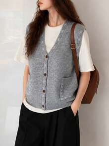 Women's Autumn/Winter Minimalist Casual Colorblock Detail V-Neck Cardigan Sweater Vest Top - Light Grey - View 4