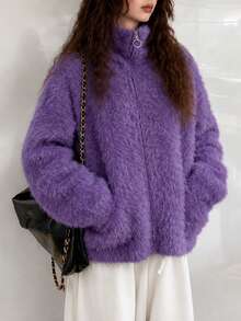 Women's Autumn/Winter Casual Minimalist Loose Slimming Fuzzy Zip-Up Knit Cardigan Sweater Jacket - Purple - View 3