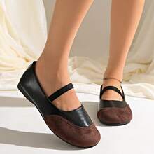 Women's Patchwork Solid Color Round Toe Low-Top Strap Flat Mary Jane Shoes, Vintage Mori Style, Daily Commute, All Seasons, Black PU Suede Low Vamp - Black - View 3