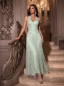 FEELAIR Sexy Halter Neck Sleeveless Backless Heavy Rhinestone Tassel Maxi Dress, Suitable For Wedding, Holiday, Party, Women's Formal Evening - Mint Green - View 5
