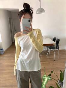 拼接撞色落肩袖透視修身長袖上衣休閒風 - 乳黃色 - 查看 7