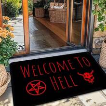 1件裝 暗夜儀式黑色底紅字「Welcome To Hell」手寫主題牛頭與紅星門墊 | 聚酯纖維材質，加厚黏合法蘭絨，0.4英吋厚，580g/Sqm，哥德風美學，適合門廊、入口、車庫 - 紅色 - 查看 9