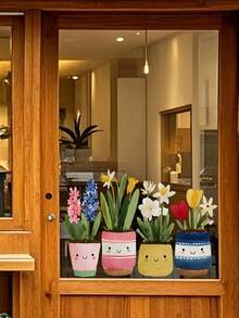 1pc Removable Reusable Static Window Sticker, PVC Material, Cute Cartoon Potted Flower Window Decal, Hand‑Painted Fresh Style, No Glue Easy To Apply, Vibrant Color Plant Pot Pattern For Home Glass Window Decor - Small Flower Pot - View 4