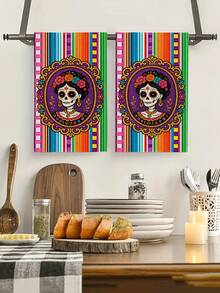2pcs/4pcs Day Of The Dead Catrina Skull Print Kitchen Towels, Mexican Floral Gold Trim Dish Cloths, Multi-Purpose Household Cleaning Rags, Holiday Decoration Gift - Multicolor - View 7
