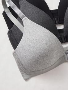 3件組女款V領無鋼圈前扣式軟罩杯純色內衣，可調節肩帶胸罩 - 彩色 - 查看 9