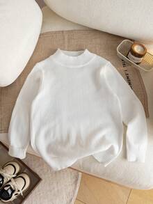 3pcs/Set Sweater Rajut Lengan Panjang Kerah Setengah Tinggi Warna Polos Sederhana untuk Anak Laki-laki, Cocok untuk Pakaian Sehari-hari, Sekolah, Musim Gugur/Dingin - Hitam - View 2