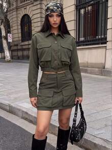 Women's Elegant Vintage Fashion Double Pocket Button Design Solid Color Versatile Short Jacket Coat Spring Autumn Casual Daily Wear Woven Fabric Button Pocket Holiday Vacation Travel - Army Green - View 10