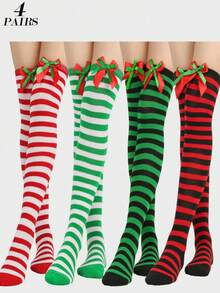 4/3/1 Pairs Christmas Striped Solid Color Bow Pom Pom Deer Head Green Red Cute Holiday Over Knee Thigh High Socks - Multicolor - View 11