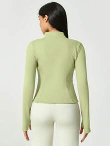 Solid Fleece Zip Up Jacket Women's Mandarin Collar Thumbhole Double Line Design Concert Birthday Gym Wear - Green - View 10