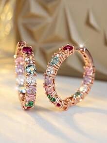 CHICAT 1 Pair Elegant Colorful Crystal Pink Rainbow Synthetic Cubic Zirconia Hoop Earrings - Shiny Luxury Wedding Birthday Party Jewelry - Rose Gold - View 2