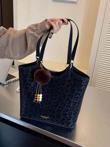 Tote Bag With Dark Pattern Print, Pom Pom Charm, Beaded Accessories, Adjustable Handle And Shoulder Strap, Large Capacity, Atmospheric Tote Bag For Women, Versatile Bag Suitable For Daily Use, School, Work, Travel, Shopping, Commuting, Shoulder Large Bag - Black - View 7