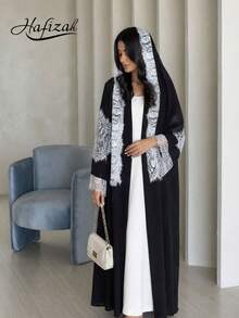 Hafizah Black Contrast Lace Trim Patchwork Long Sleeve Robe For Women, Stand Collar Waist-Cinching Slimming Elegant Long Dress, Formal Occasions Fall - Black - View 1