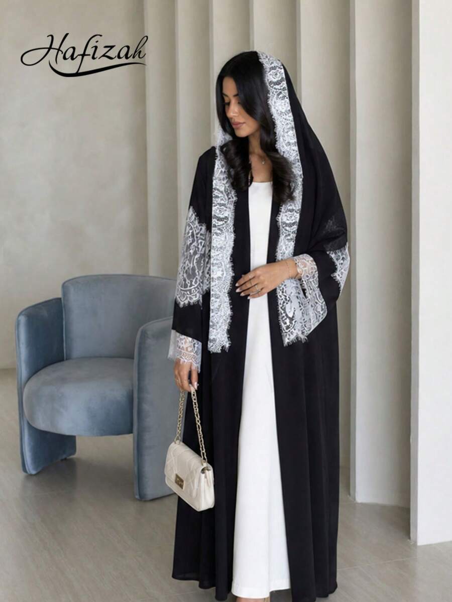 Hafizah Black Contrast Lace Trim Patchwork Long Sleeve Robe For Women, Stand Collar Waist-Cinching Slimming Elegant Long Dress, Formal Occasions Fall - Black - View 1