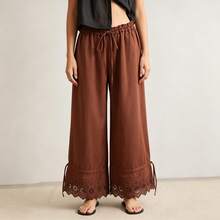 Women Bloomer Pants Drawstring Waist Eyelet Lace Cuff Cozy Harem Trousers - Light Brown - View 3