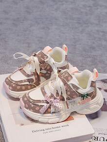 Girls' Sweet Floral Print Chunky Sneakers, Lace Bow Pearl Thick Sole Anti-Slip Princess Style Sneakers - Pink - View 1