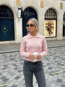 Women's Pink Knitted Cropped Zip-Up Sweater, Long Sleeve Collared, Casual Everyday Wear, Suitable For Autumn/Winter - Pink - View 4