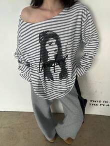 Kaos Lengan Panjang Bergaris Longgar dengan Bahu Asimetris Model Baru, Potongan Acak - Light Grey - View 6