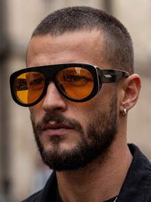 1 Pair Men's Glossy Black Aviator Frame Street Style Motorcycle Fashion Glasses - Glossy Black - View 1