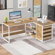 LITTLE TREE Desk With 4 Drawers, L-Shaped Computer Desk With 2 Shelves - L - View 1