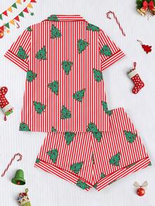 [Christmas]2pcs Women's Pajama Set, Christmas Tree Print, Women's Loungewear, Spring/Summer Holiday Outfit, Short Sleeve Top And Shorts Set - Red - View 2