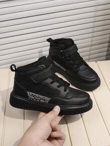 Children's High-Top Sports Skate Shoes, Fashionable Versatile Hook-And-Loop Closure Design, Comfortable Skateboard Shoes For Kids, Stylish Student Versatile Campus Shoes, Reflective Pattern Patchwork Casual Sports Shoes - Black - View 4